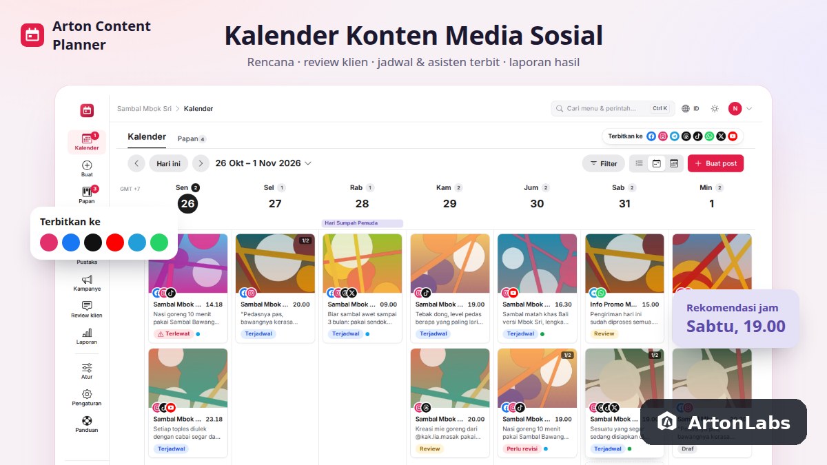 Aplikasi Arton Content Planner: Kalender Konten Media Sosial, Review Klien & Jadwal Posting