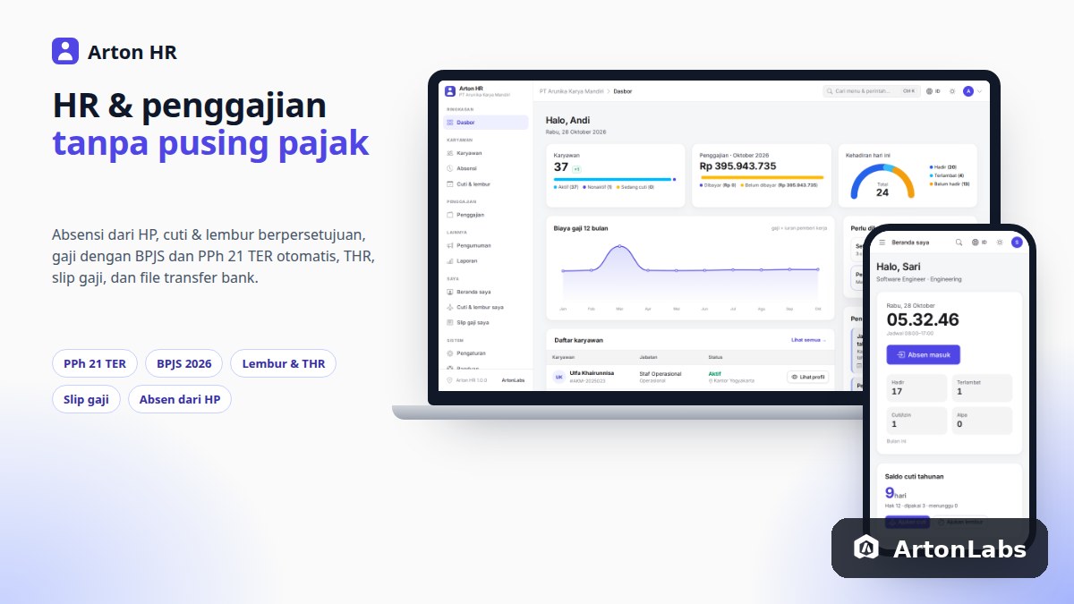 Aplikasi Arton HR: Data Karyawan, Absensi, Cuti & Lembur, dan Penggajian dengan PPh 21 TER & BPJS