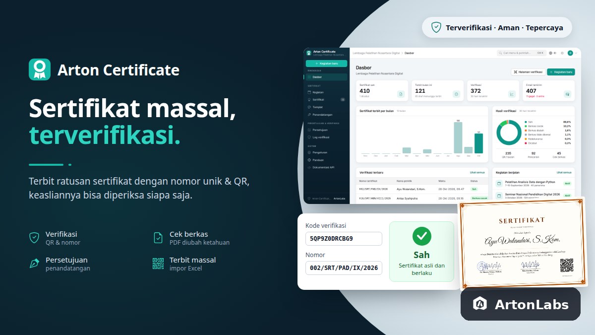 Aplikasi Arton Certificate: Pembuatan Sertifikat Massal dengan Nomor Unik, QR Verifikasi, dan Halaman Cek Keaslian
