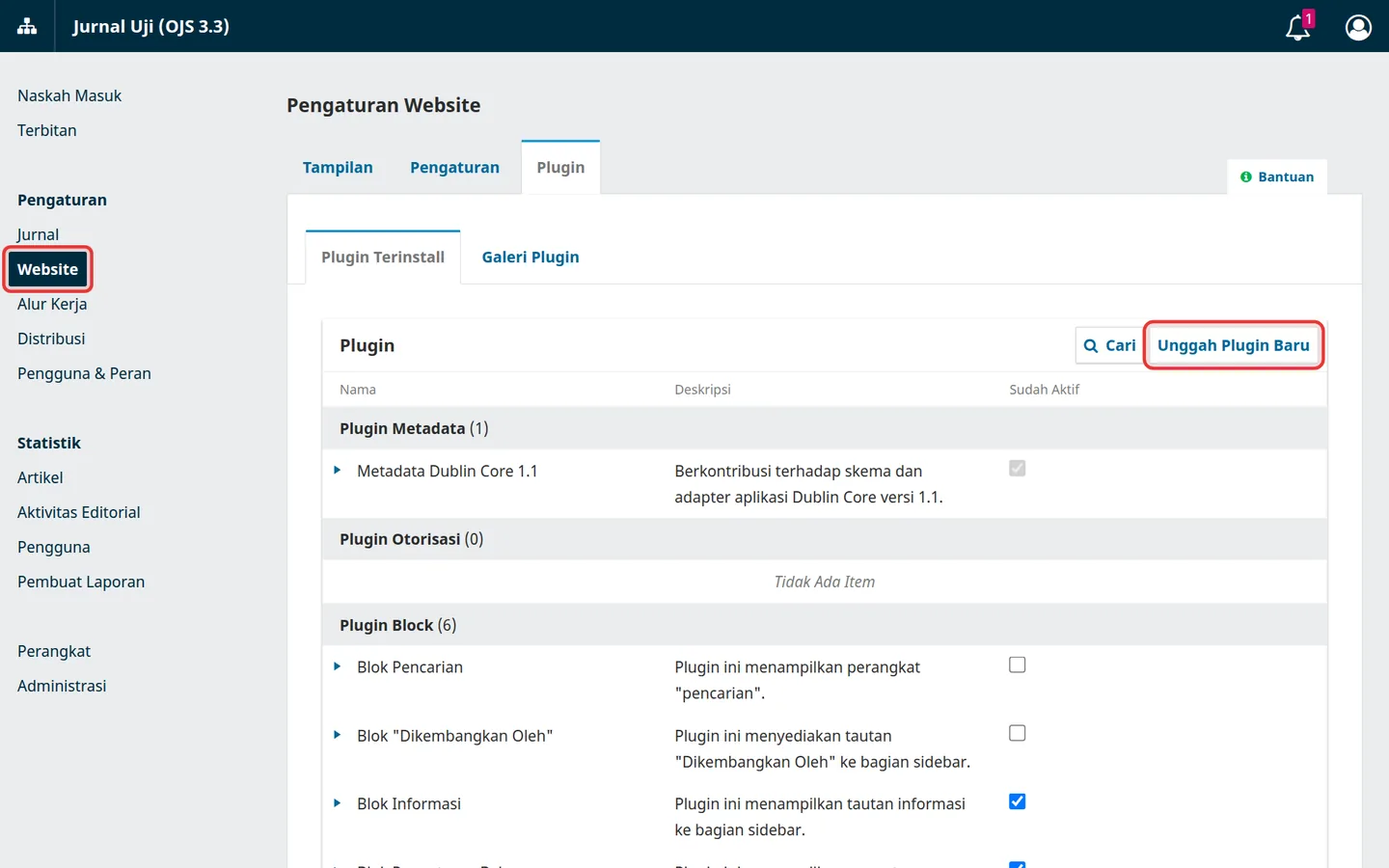 Menu Pengaturan Website, tab Plugin, tombol Unggah Plugin Baru