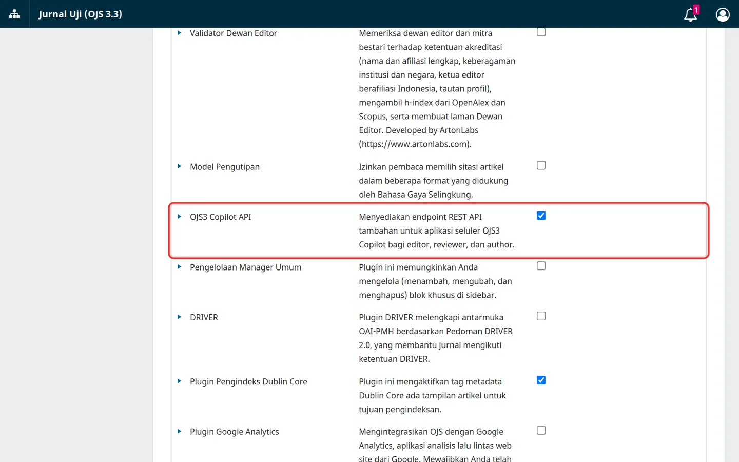 OJS3 Copilot API dicentang aktif